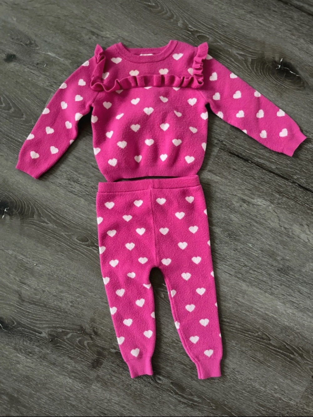btween Hot Pink Heart Knit Ruffle Pajama Set